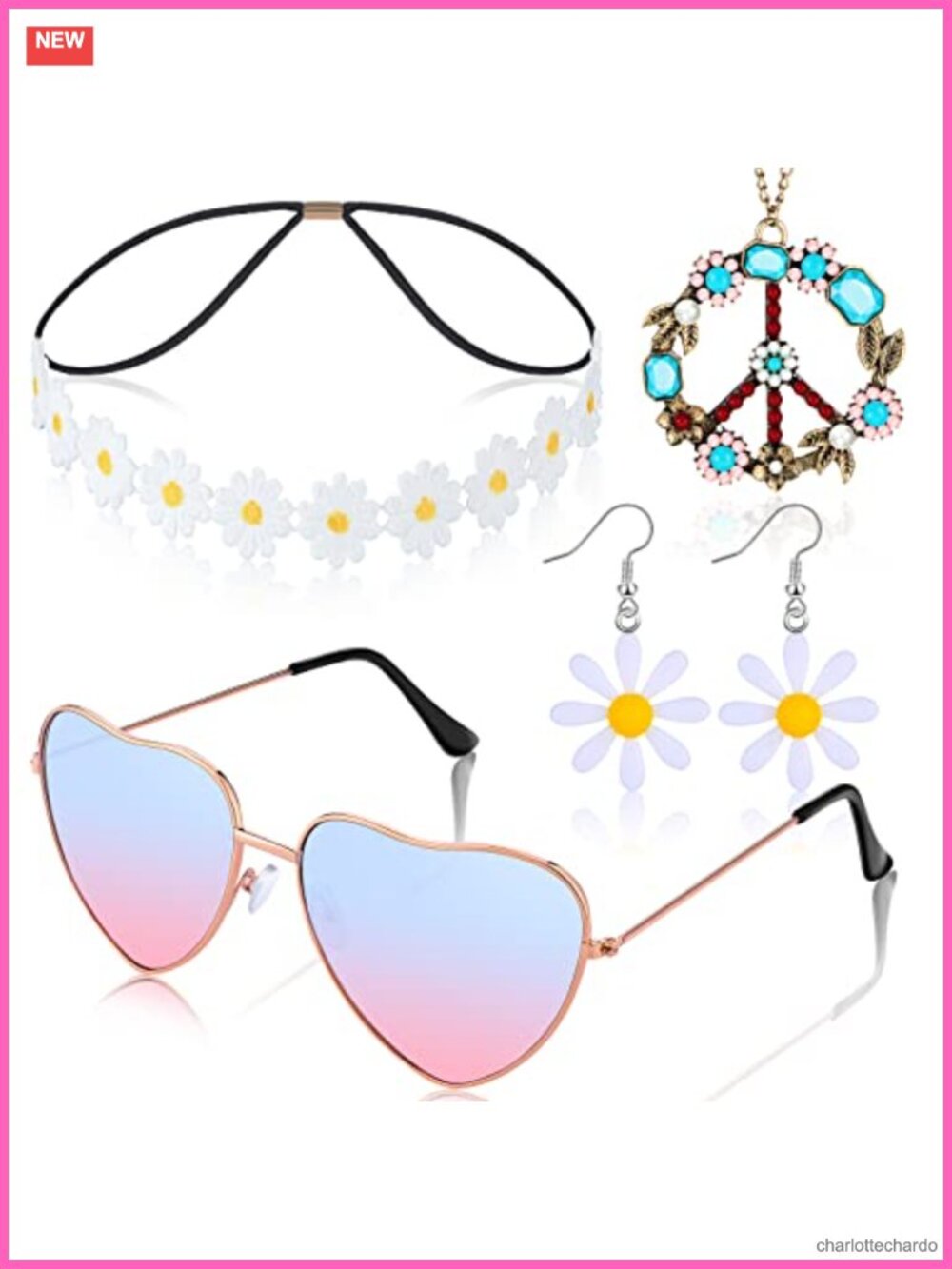 Hippie Accessories Set 70s Peace Sign Costume Necklace Earrings Glasses Headband